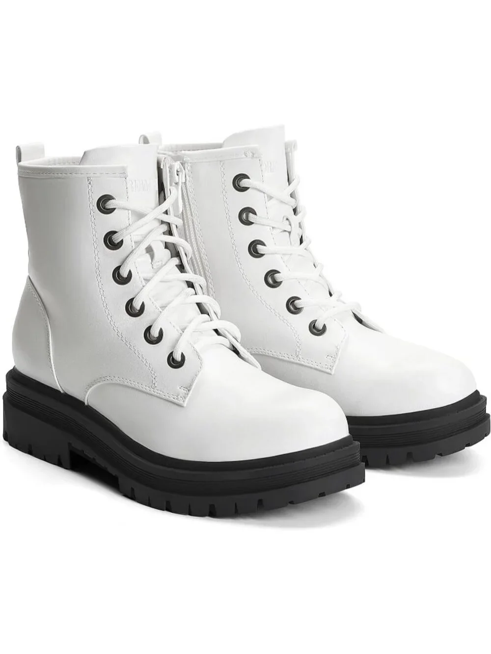 Women's White Thermoplastic Lace Up Platform Side Zipper Lug Sole Ankle Booties